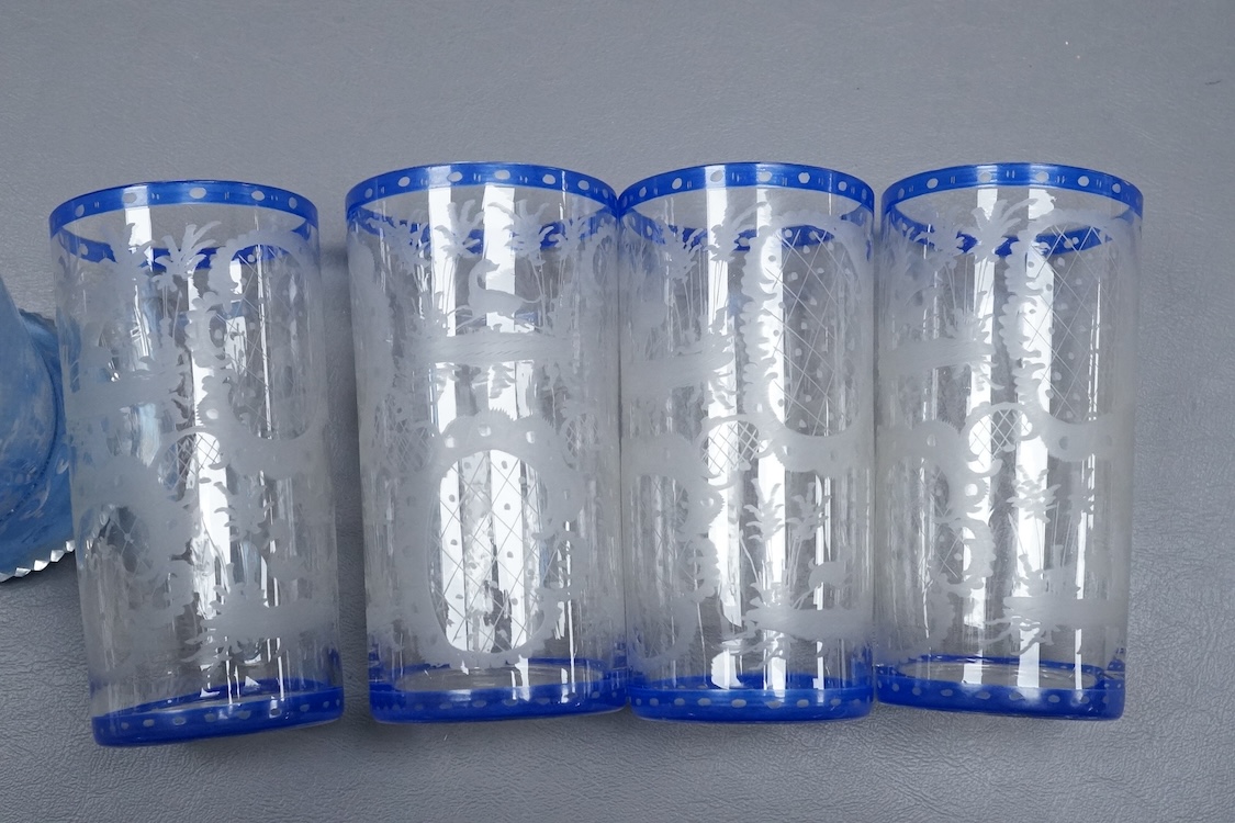 A German engraved blue flashed glass vase and four similar beakers, late 19th/early 20th century, beaker 15cm high.